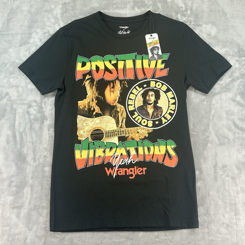 Wrangler x Bob Marley Positive Vibes T-Shirt Black Size Small Band Retro Graphic
